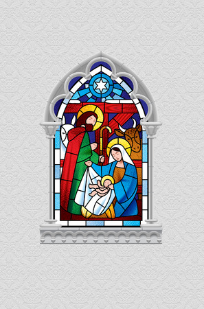 Stained glass window depicting Christmas scene in gray gothic frame isolated on white decorative ornamental background. Artistic Xmas symbol and greeting card. Vector illustrationのイラスト素材