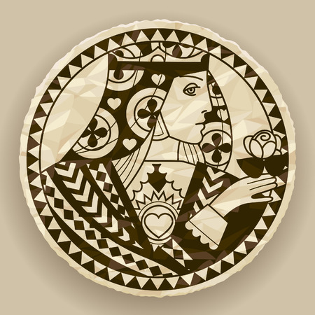 Face of woman on round crumpled paper background. Vintage contour drawing of playing cards character. Vector illustrationのイラスト素材