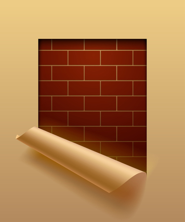 Beige paper sheet cut framed  and partially rolled up with brick wall background. The lower background is on separate layers by easy change to another. Vector illustrationのイラスト素材