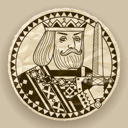 Face of King on round crumpled paper background. Vintage contour drawing of playing cards character. Vector illustrationのイラスト素材