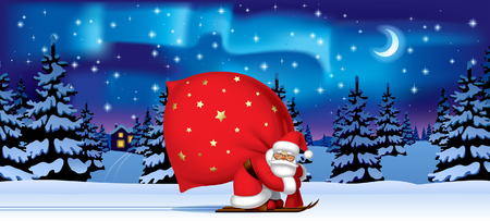 Santa Claus by ski carrying a big red sack against the night winter spruce forest in snow under starry sky with northern lights. Christmas and New Year mug design and greeting card. Vector Illustrationのイラスト素材