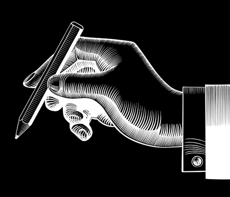 Hand with a pencil. Vintage engraving stylized drawing in negative view. Vector illustrationのイラスト素材
