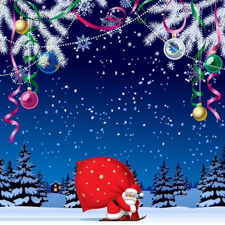 Santa Claus by ski carrying a big red sack against the night winter forest in snow under Xmas decorations. Christmas and New Year greeting card. Vector Illustrationのイラスト素材
