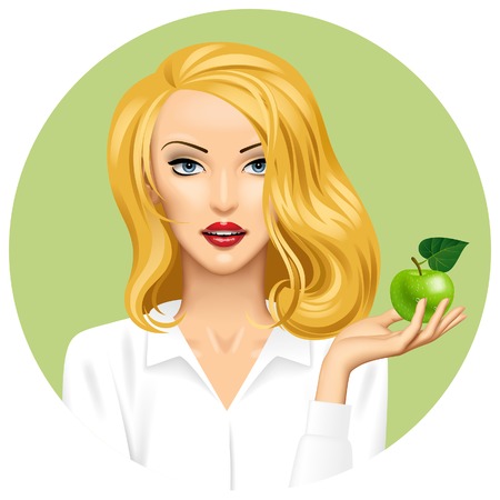 Blonde girl holding in hand an apple on green round background. Vector illustrationのイラスト素材