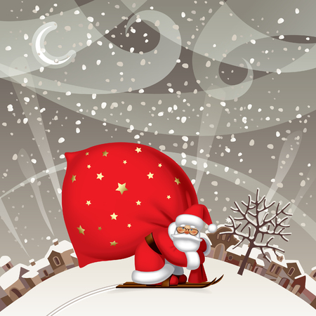 Santa Claus by ski with a red big sack against the winter landscape. Christmas & New-Year's greeting card in vintage style. Vector illustrationのイラスト素材