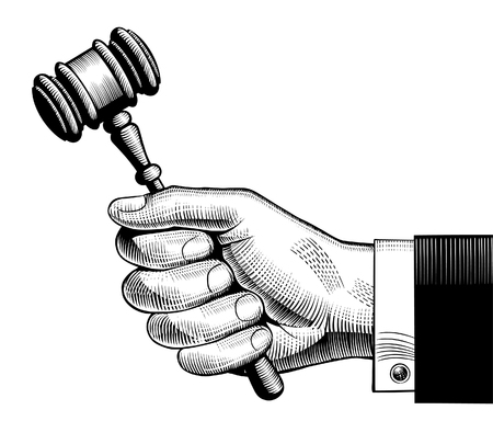 Hand holding judges gavel. Vintage engraving stylized drawing.  Vector illustrationのイラスト素材