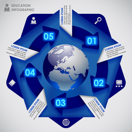 Education Template with a globe and ribbon arrows in blue color as banners, web icons and place for your content. Concept vector illustrationのイラスト素材