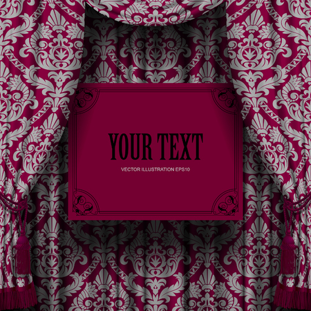 Dark red curtain with gray ornament and suspended sign with vintage frame. Square vintage background. Artistic poster. Vector Illustrationのイラスト素材
