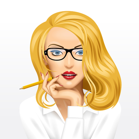 Face of a pretty blonde business woman in glasses with a pencil in hand isolated on white background. Vector illustrationのイラスト素材