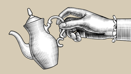 Woman's hand with a coffee pot. Vintage stylized drawing. Vector illustrationのイラスト素材