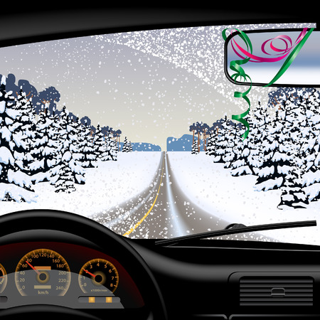 Winter road in snowfall from inside of the car. Vector illustration.のイラスト素材