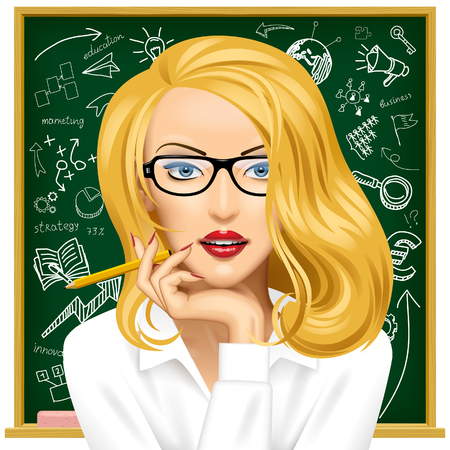 Face of a pretty blonde business woman in glasses near the blackboard with hand drawn business icons. Education concept vector illustrationのイラスト素材