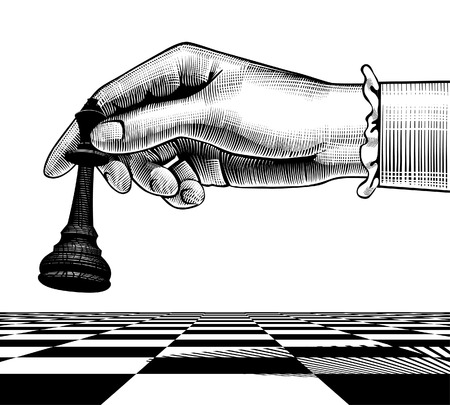 Woman's hand with a black king chess piece. Vintage engraving stylized drawing. Vector illustrationのイラスト素材