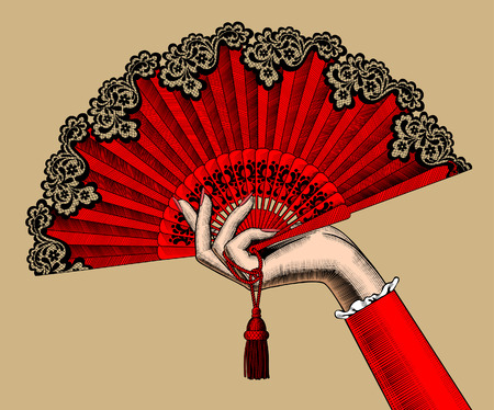 Female hand with red open fan. Vintage color engraving stylized drawing. Vector illustrationのイラスト素材