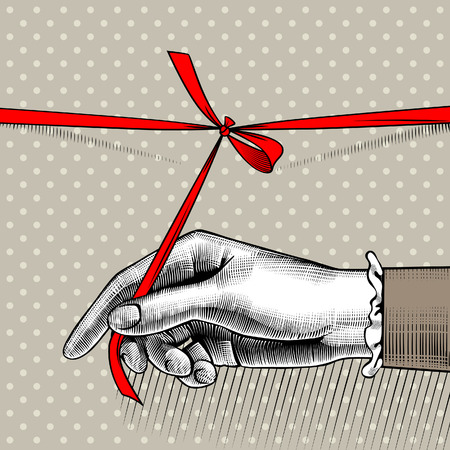 Woman's hand untying bow of red ribbon. Vintage engraving stylized drawing. Vector illustrationのイラスト素材