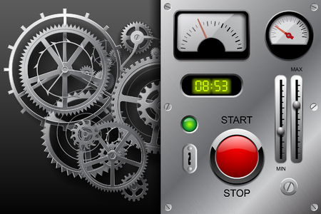 Gear wheels in black and white and metallic dashboard panel with clockwork set of meters, buttons and other machinery parts on metallic background. Vector illustrationのイラスト素材