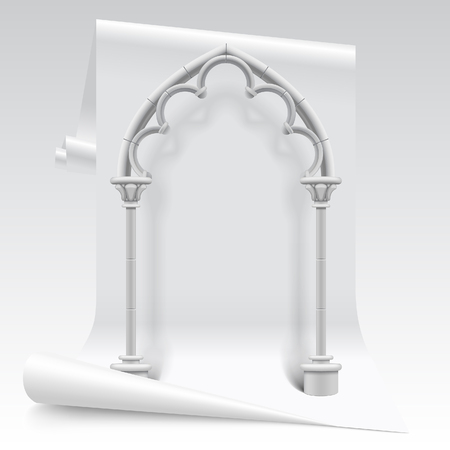 Three dimensional white paper sheet and gothic arch model. Design symbol and concept. Vector Illustrationのイラスト素材