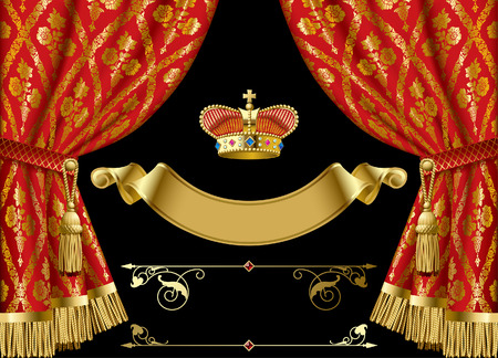 Red curtains with vintage ornament, gold royal crown, vintage banner and other retro decorative design elements isolated on black. Vector illustrationのイラスト素材