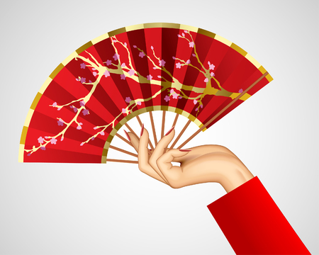 Woman's hand with open chinese red fan isolated on white. Vector illustrationのイラスト素材
