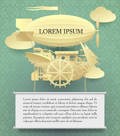 Vintage paper steampunk template with a complex fantastic flying ship on classic background. Web page design in retro style. Vector Illustrationのイラスト素材