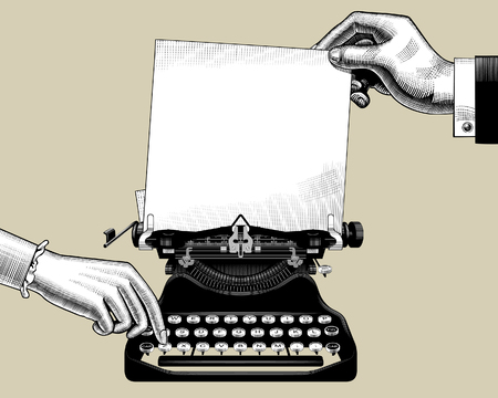 Hands of man and woman with old typewriter. Vintage engraving stylized drawing. Vector illustrationのイラスト素材