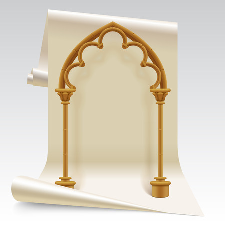 Three dimensional paper sheet and brown gothic arch model. Design symbol and concept. Vector Illustrationのイラスト素材