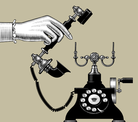 Woman's hand of man with retro black phone. Vintage engraving stylized drawing. Vector illustrationのイラスト素材