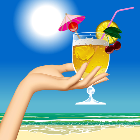 Woman's hand holding a fruit cocktail against the sea beach. Vector illustrationのイラスト素材