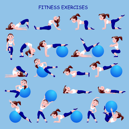 Fitness exercises with cartoon girl in blue and white suit. Vector illustrationのイラスト素材