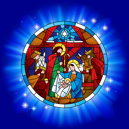 Circle stained glass with the Christmas and Adoration of the Magi scene in blue shining. Vector illustrationのイラスト素材