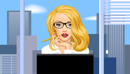 Blonde business woman in glasses in front of the computer against the window with city view. Vector illustrationのイラスト素材