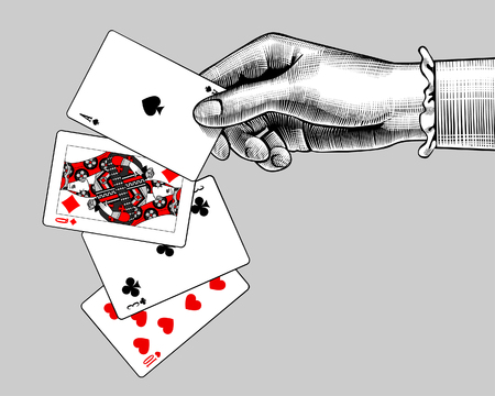 Woman's hand with playing cards fan. Vintage engraving stylized drawing. Vector illustrationのイラスト素材
