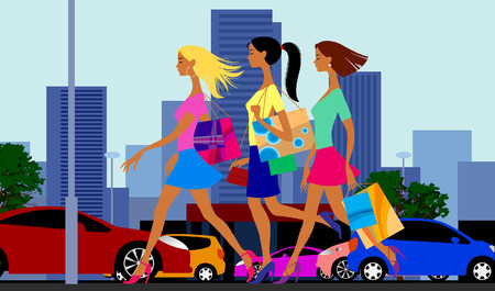 Street of city with shopping girls, cars and modern buildings. Vector illustrationのイラスト素材