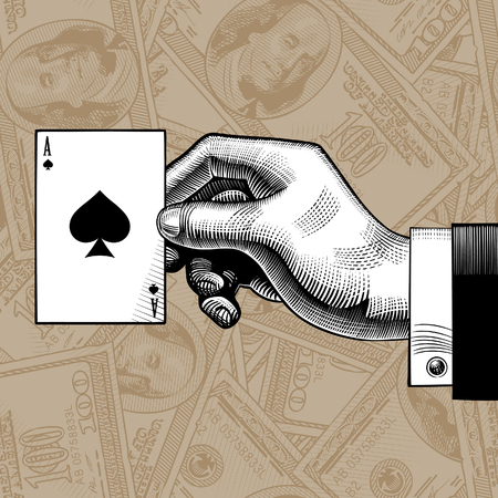 Hand with the ace of Spades playing card on the dollars bank notes seamless pattern background. Vintage engraving stylized drawing. Vector illustrationのイラスト素材