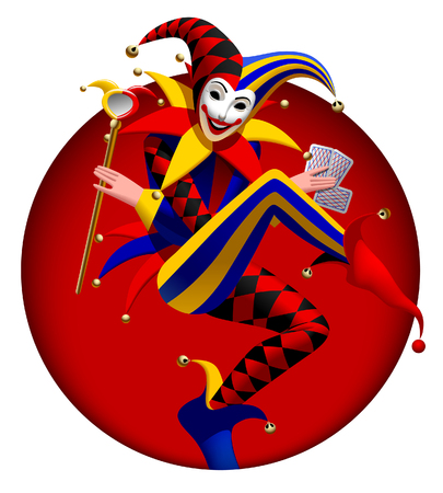 Joker with playing cards and mirror in dark red round frame. Three dimensional stylized drawing. Vector illustrationのイラスト素材