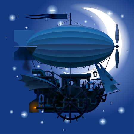 Complex fantastic flying ship in night sky with moon. Technology symbol and metaphor in steam-punk style. Vector Illustrationのイラスト素材