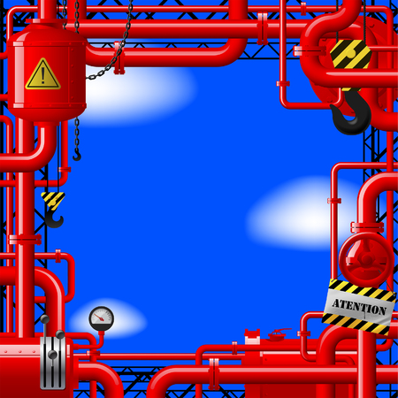 Red gas pipes on blue sky. Industrial frame and background. Vector Illustrationのイラスト素材