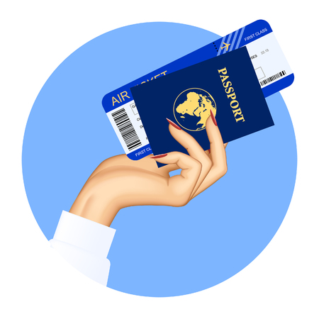 Hand of stewardess with passport and air ticket on round blue background. Vector illustrationのイラスト素材