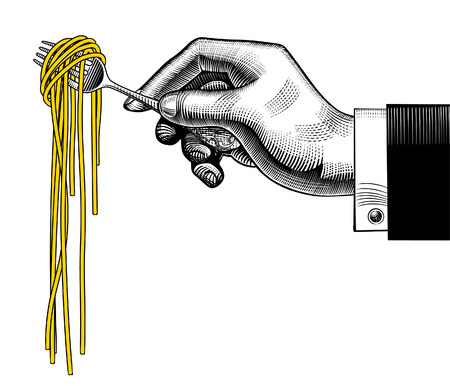 Hand holding a fork with spaghetti. Vintage stylized drawing. Vector illustrationのイラスト素材