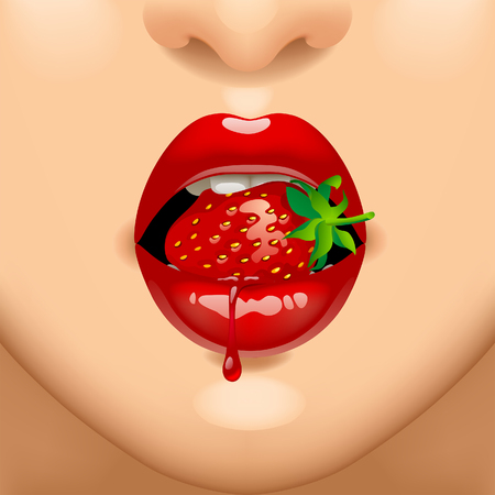Part of female face with sexy red lips with a strawberry in teeth. Vivid open mouth of woman. Vector illustrationのイラスト素材