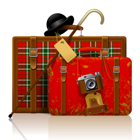 Red old suitcases with walking stick, bowler hat and retro photo camera isolated on white.  Vintage voyage and traveling accessories. Vector illustrationのイラスト素材