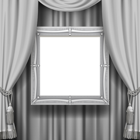 Gray ornamental curtain background with a suspended silver classic frame. Square presentation artistic poster and placard. Vector illustrationのイラスト素材