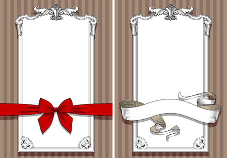 Retro design templates with drawing of red bow, banner and frame. Vintage engraving stylized drawing. Vector illustrationのイラスト素材