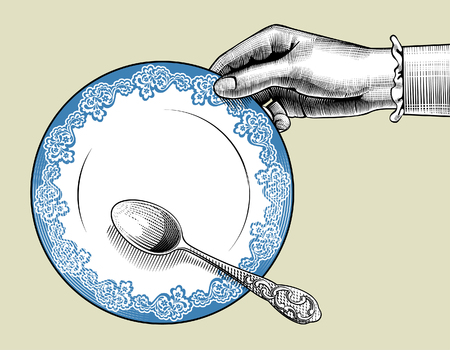 Woman's hand with plate and spoon. Vintage stylized drawing. Vector illustrationのイラスト素材