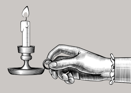 Woman's hand holding a candlestick with burning candle. Vintage engraving stylized drawing. Vector illustrationのイラスト素材