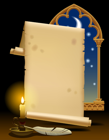 Old parchment with candle light, feather and gothic decorative window. Vintage stylized banner and template design. Vector illustrationのイラスト素材