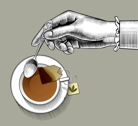 Woman's hand with a tea cup and spoon. Vintage stylized drawing. Vector illustrationのイラスト素材