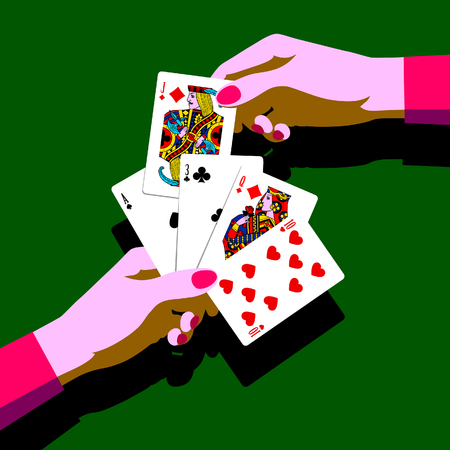 Woman's hands with playing cards fan. Pop art stylized drawing. Vector illustrationのイラスト素材