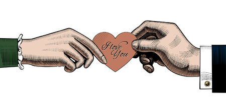 Hand of man give a red rose to woman a red heart with I love You lettering. Retro style valentine greeting card design. Vintage color engraving stylized drawing. Vector illustrationのイラスト素材
