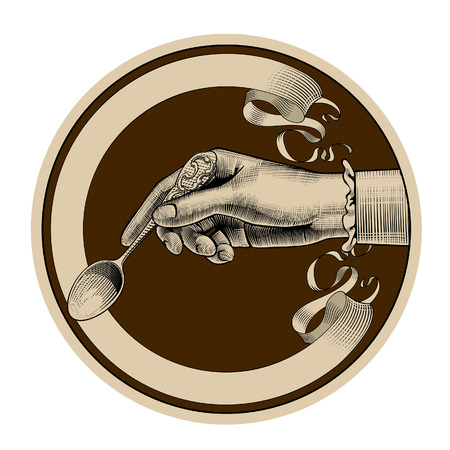 Round brown retro label with ribbon and woman's hand holding a spoon. Vintage stylized drawing. Vector illustrationのイラスト素材